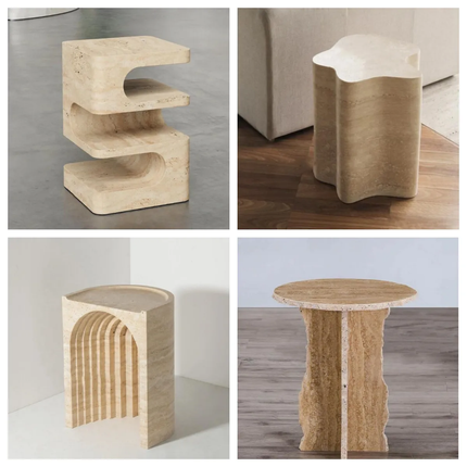 Natural Stone Living Room Furniture Outdoor Side Table Design Marble Fluted Beige Travertine Side Table