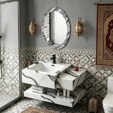Factory direct luxury Wall-mounted bathroom vanity sintered stone marble top ceramic sink LED Mirror bathroom cabinet for hotel