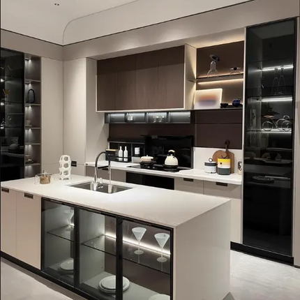 Custom Home Kitchen Cabinets with Integrated Quartz Countertop Stove Cabinet Kitchen Storage Cabinet UV Door Panels