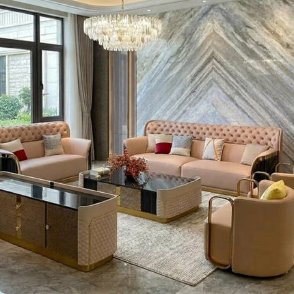 Luxury Modern Living Room Furniture Set with Tufted Velvet Sofas, Marble Accent Wall & Crystal Chandelier – Elegant Contemporary Home Decor