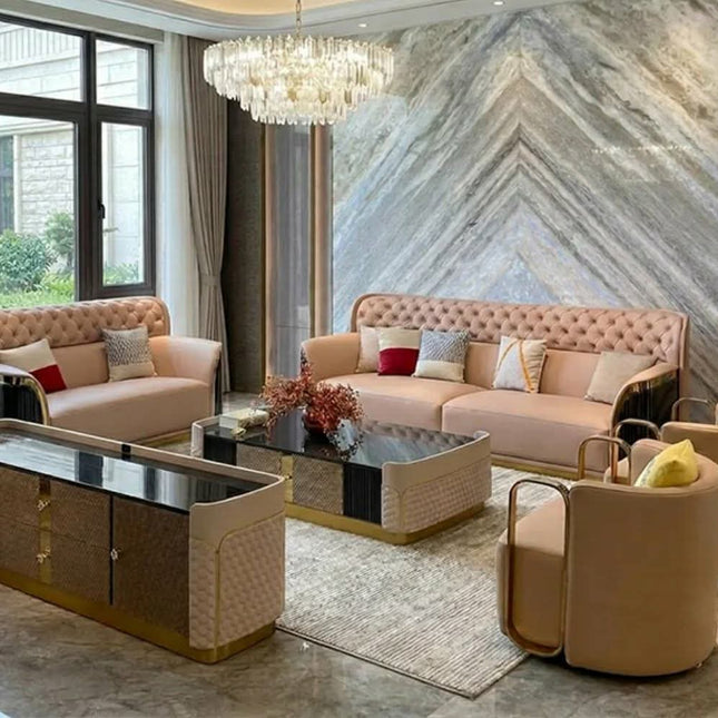 Luxury Modern Living Room Furniture Set with Tufted Velvet Sofas, Marble Accent Wall & Crystal Chandelier – Elegant Contemporary Home Decor