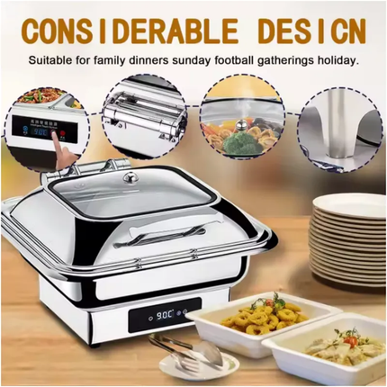 Electric Stainless Steel Square Food Chafing Dish Induction Heating Buffet Stove 6L Capacity Hotels Restaurants