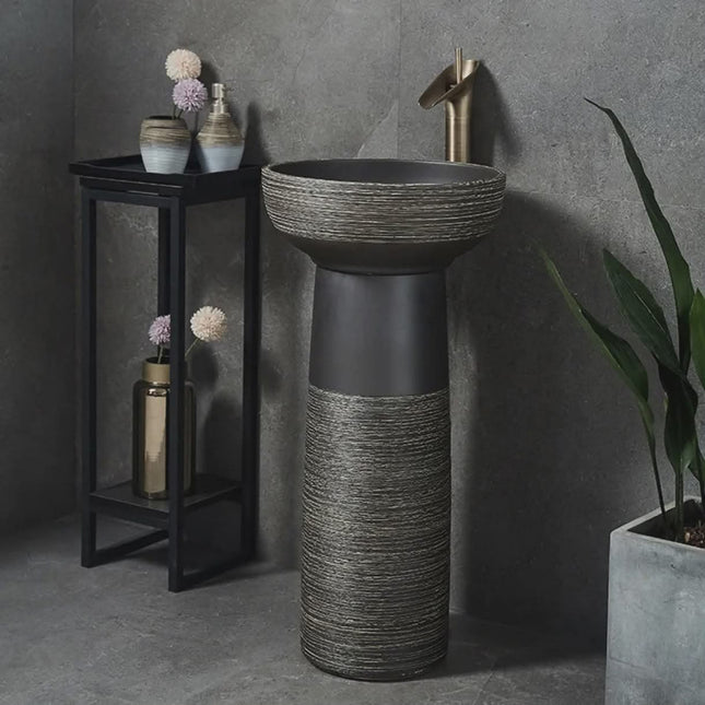 Modern Textured Pedestal Sink with Brass Faucet – Elegant Contemporary Bathroom Basin