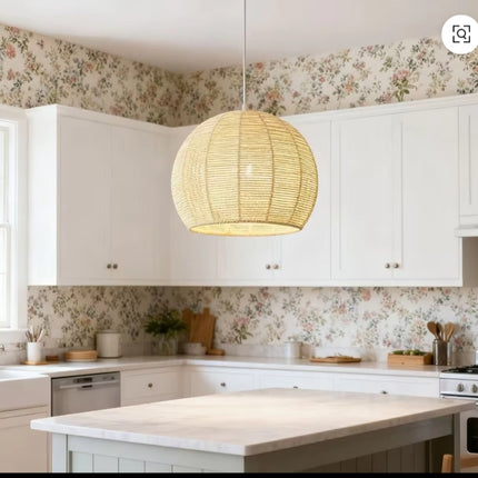 Boho Rattan Globe Pendant Light – Natural Woven Hanging Lamp for Kitchen Island, Farmhouse Ceiling Lighting Fixture