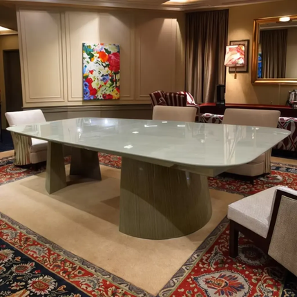 Royal White Marble Top Dining Table Supreme Luxury Design with Solid Wood Base