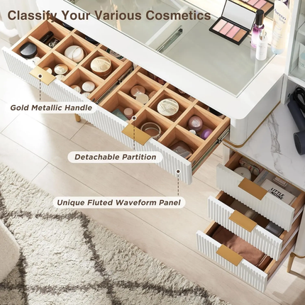 Modern 36\" HD Lighted Mirror Makeup Vanity Desk 48\" Big Mirror 5 Drawers Shelves Glass Top White Bedroom Dressing LED Feature