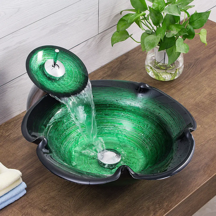 Green Color Hand Painted Flower Shape Vanity Counter Top Bathroom Hand Wash Basin Glass Bathroom Sink Modern Design