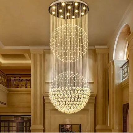 Long Duplex Staircase Crystal Chandelier for Indoor Living Room Dining Elegant Double Ball Lamp for Hotel Villa Hall