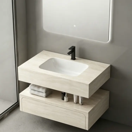 PVC Drawer wood finish wall mounting state bathroom cabinet combination ceramic integrated basin LED mirror for villa