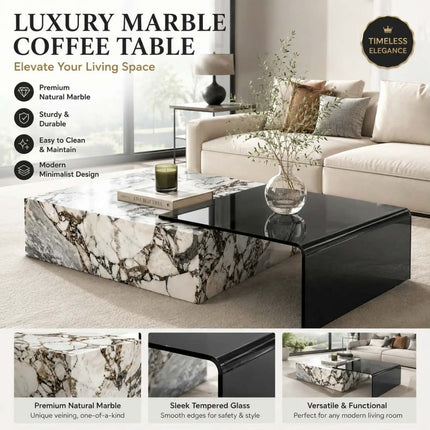Architectural marble coffee table white and gray natural stone glasses H30 Low nesting center table for luxury living room villa
