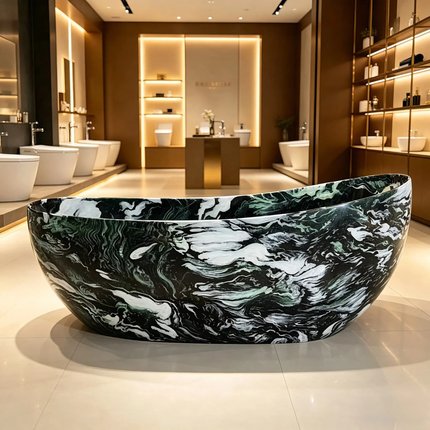 Luxury Black Green Marble Solid Freestanding Bathtub Artificial Stone Carved Oval Soaking Tub for Hotel Villa Bathroom