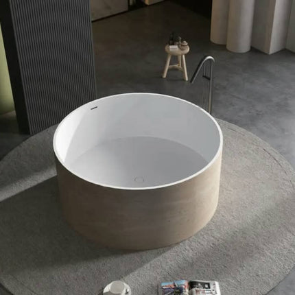 Modern Freestanding Solid Surface Eco-friendly Round Soaking Bathtub With Drainer and Center Drain White Textured Surface finish