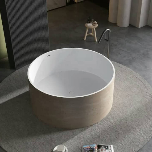 Modern Freestanding Solid Surface Eco-friendly Round Soaking Bathtub With Drainer and Center Drain White Textured Surface finish