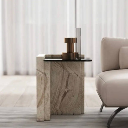 Modern Side Table For Living Room Home Furniture with Tempered Glass Top and Marble For Sofa Use