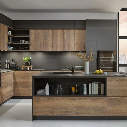 Customized Modern Natural Wood Semi-Gloss Walnut Veneer L-Shaped Kitchen Cabinet African Projects MDF Carcase Hidden Hinges Sink