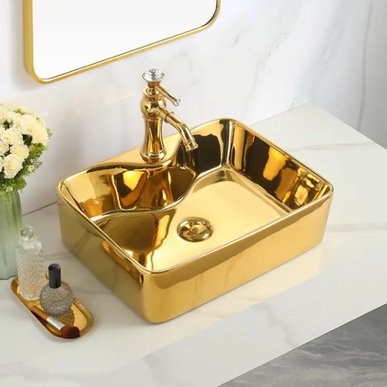 Black Square Ceramic Vessel Sink Gold Pattern Countertop Wash Basin Art Design Vanity Basin For Bathroom Wholesale Supplier