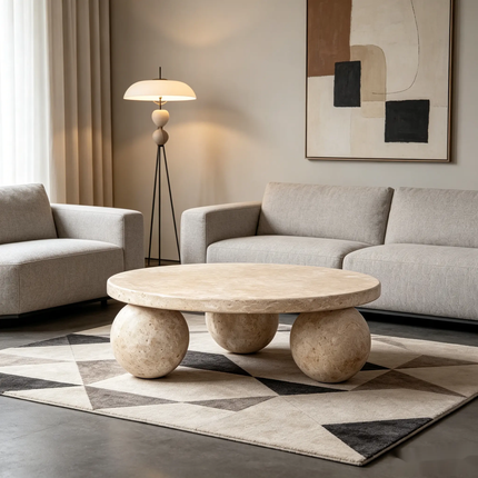 Modern natural stone round coffee table furniture 3 balls marble base beige travertine living room center coffee table