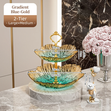 Luxury 2/3 Tier Gradient Petal Plastic Fruit Plate Crown Gold Handle Food Grade Snack Candy Serving Tray For Wedding Party Decor