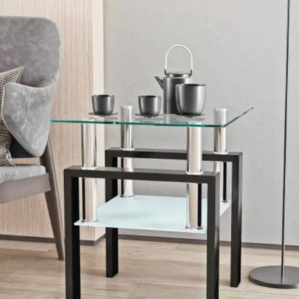 Square Tempered Glass End Side Table With Metal Frame Modern 2-Tier Coffee Table For Living Room Bedroom