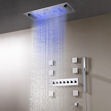 Luxurious Music Large Thermostatic 64 LED Colors Rainfall Shower System Six Functions Shower Faucet Set