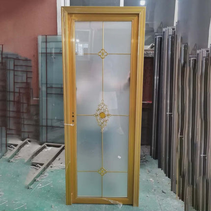 Majestic Golden Pattern Frosted Glass Bathroom Door for Upscale Bathing Areas