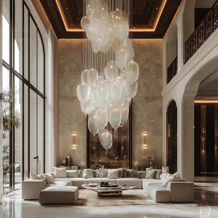 Custom White Feather Glass Round Modern High Hanging Pendant Lamp Large Luxury Chandelier