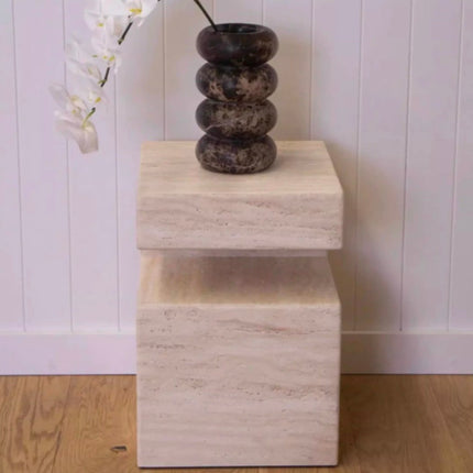 Modern Luxury Beige Travertine Marble Plinth Side Table Modern Design Bedside Table For Home Marble Stone Sofa Side End Table