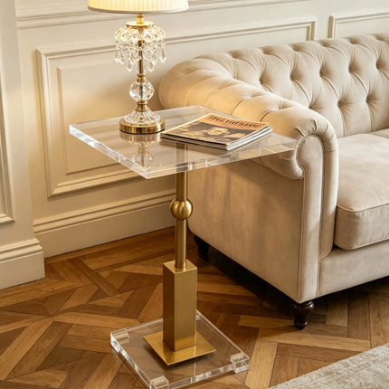 Clear Acrylic Square Side Table With Gold Ball Pedestal Modern Transparent End Table For Furniture Living Room Hotel Nightstand