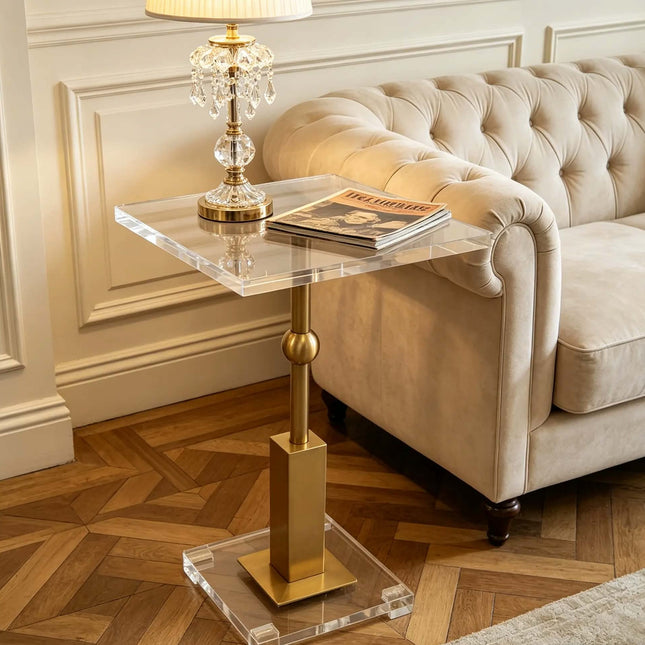 Clear Acrylic Square Side Table With Gold Ball Pedestal Modern Transparent End Table For Furniture Living Room Hotel Nightstand