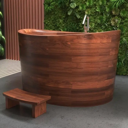 Modern Freestanding Teak Wood Resin Bathtub with Soaking Function For Hotel Use