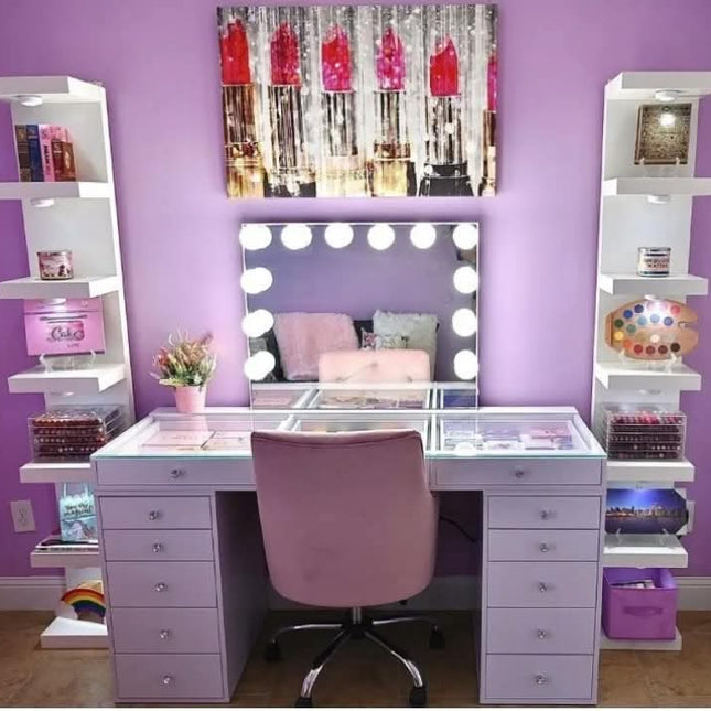 High End Luxury New Makeup Desk Table Vanities Glass Top Dressing Table Mirror LED Lights 13 Drawers Living Room Furniture