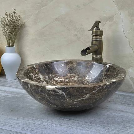 Modern Polished Dark Brown Marble Bathroom Sink For Hotel Use With Unique Shape