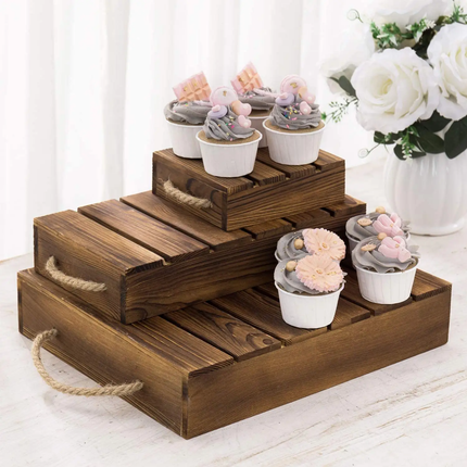Wood Rustic Cake Stand Risers Display Wooden Pallets Style Tiered Dessert Stand Cupcake Display Boxes With Rope Handles