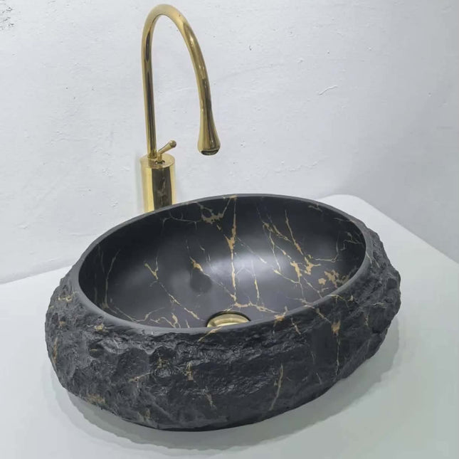 Black Marble Rock Vessel Sink with Gold Veins and Faucet – Luxury Modern Bathroom Basin