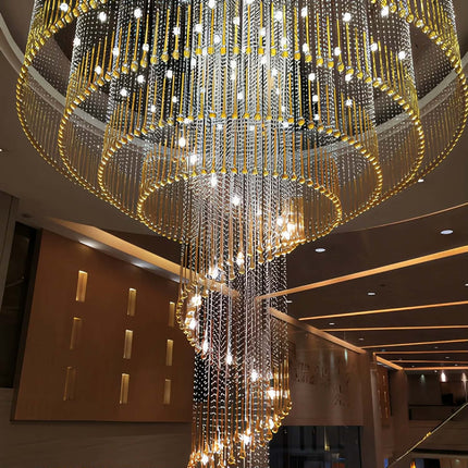 Custom Modern Minimalist Gold Crystal Chandelier Large Linear Stainless Steel LED Lighting Adjustable Height Dimmable for Hotel
