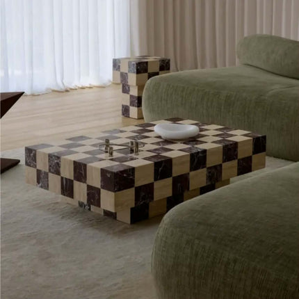 Modern marble coffee table unique style with natural red and white square checkerboard square plinths pedestal coffee table