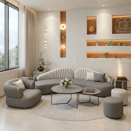 High-End Grey Curved Sofa with Pleated Backrest Modern Luxury Sectional Couch Set for Cultural Hotel Suite Lounge