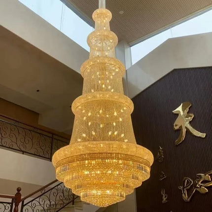 Multi Tier Conical Tower Crystal Strand Chandelier Gold Frame Full Layer Waterfall Hanging Light LED 3-Year Warranty Hotel Lobby