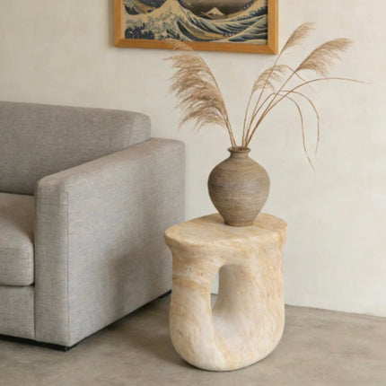 Modern Organic Shape Travertine Side Table Luxury Sculpture Natural Stone End Table Cream Beige Wabi Sabi Bedside Stool