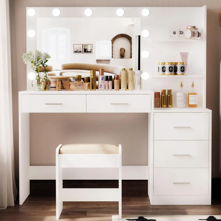 White Modern Standing Panel Assembled Lighted Mirror Wood Dressing Table 1 Piece Makeup Bedside Desk Dresser For Bedroom