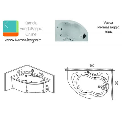 Kamalu 7000k Modern Freestanding Corner Whirlpool Tub Right-Hand Side Panel for Indoor Installation Massage for Apartment Use