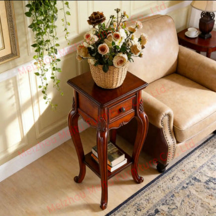 Traditional Wood Side Table w/ Drawer Shelf Carved Cabriole Legs Parquet Top Small Plant Stand for Living Room Sofa Entrya