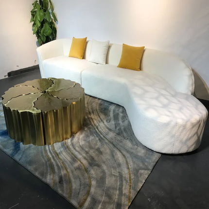 Divine White Velvet Sofa with Ornate Golden Lotus Table High Class Living Room Set
