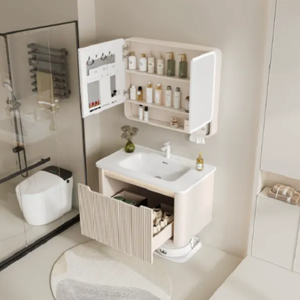 Wall-mounted Nordic cream-style bathroom cabinet with multi-functional storage and an integrated ceramic basin