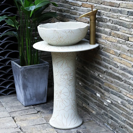 Modern Fancy Round Ceramic Washbasin White Freestanding Pedestal Sink with Floral Motif