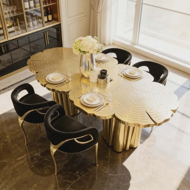 Luxury Modern Gold Stainless Steel Dining Table – Unique Designer Shape, 8 Seater for Villa Hotel Restaurant