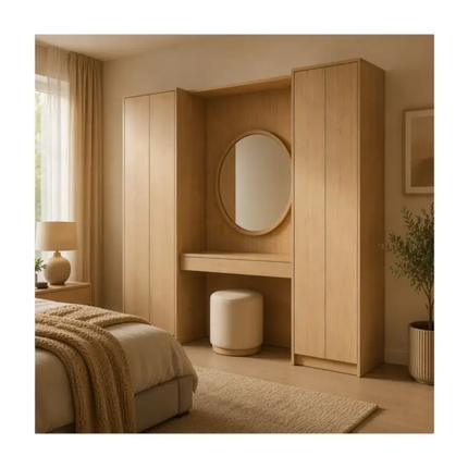 Modern Full Height Vanity Set with Round Mirror Cabinet and Wooden and Dressing Table  Cream White for Master Bedroom