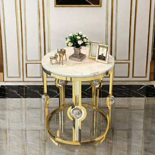 Side Table Crystal Stainless Steel Electroplated Modern Gold Finished Steel Frame Coffee Tea Side Table Home Furniture For Living Room With Marble Top