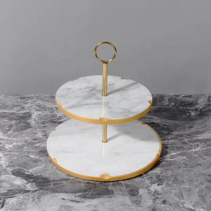 2-Tier Gold Rims Marble Tray For Food Service Cake Stand Dessert Pastry Display Afternoon Tea Party a Premium Cake Tools