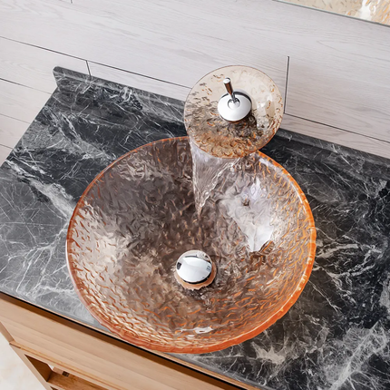 Bathroom Manufacturers Orange Transparent Art Glass WashBasin Bathroom Round Above Table Basin With Waterfall Faucet